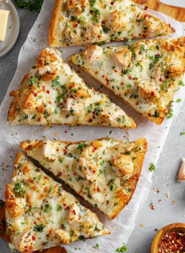 Delicious Chicken Alfredo garlic bread served on a wooden table