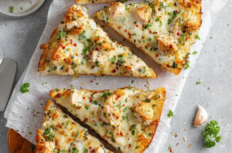 Delicious Chicken Alfredo garlic bread served on a wooden table