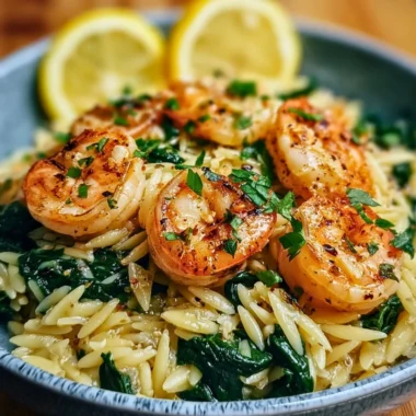 Lemon garlic shrimp with spinach orzo served in a bowl