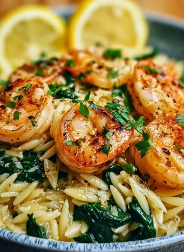 Lemon garlic shrimp with spinach orzo served in a bowl