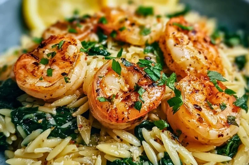 Lemon garlic shrimp with spinach orzo served in a bowl