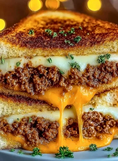 Delicious cheesy ground beef melt topped with gooey cheese and savory flavors