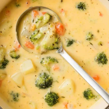 Bowl of creamy broccoli cheese potato soup garnished with cheese and herbs