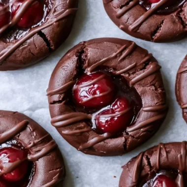 Deliciously crafted Chocolate Cherry Thumbprint Cookies on a baking tray.