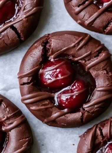 Deliciously crafted Chocolate Cherry Thumbprint Cookies on a baking tray.