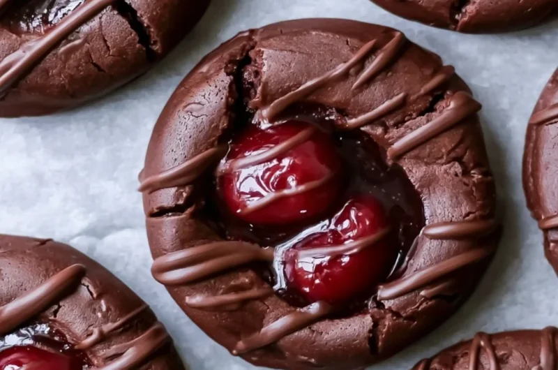 Deliciously crafted Chocolate Cherry Thumbprint Cookies on a baking tray.