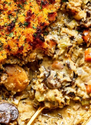 Creamy chicken wild rice casserole served in a dish with vegetables