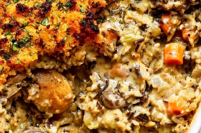 Creamy chicken wild rice casserole served in a dish with vegetables