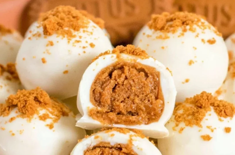 Homemade Biscoff truffles arranged on a plate