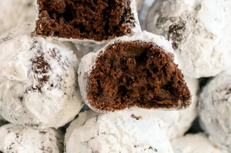 Double chocolate snowball cookies dusted with powdered sugar on a white plate