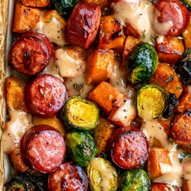 One pan sausage with roasted butternut squash and Brussels sprouts dinner.