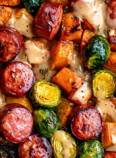 One pan sausage with roasted butternut squash and Brussels sprouts dinner.