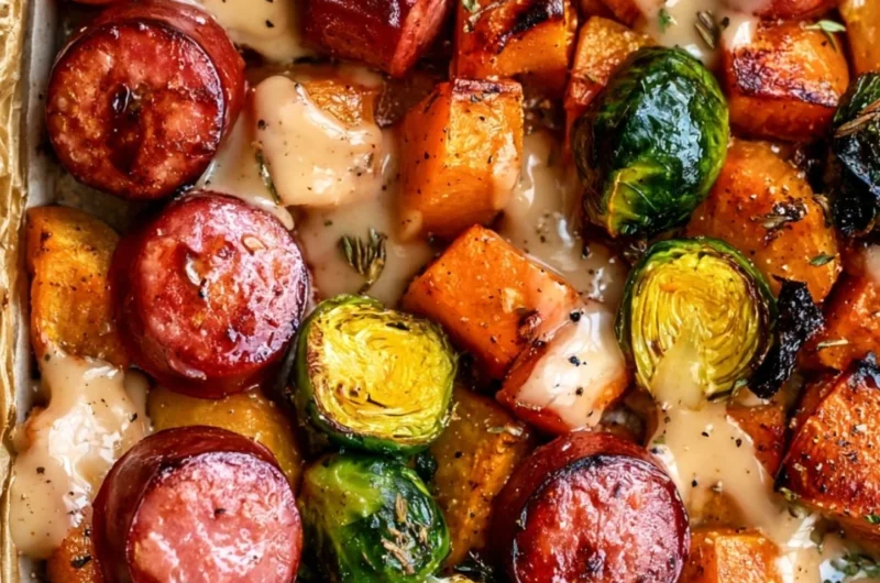 One pan sausage with roasted butternut squash and Brussels sprouts dinner.