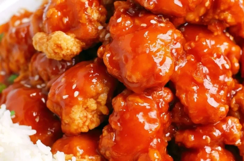 Delicious easy sesame chicken garnished with sesame seeds and green onions.