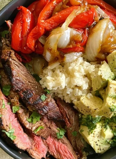 High protein steak fajita bowl with tender beef and colorful vegetables