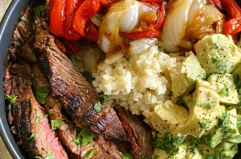 High protein steak fajita bowl with tender beef and colorful vegetables