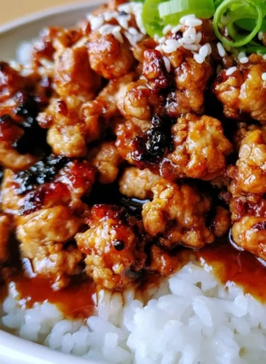 Honey Garlic Ground Turkey power bowl with sticky glaze in a beautiful bowl