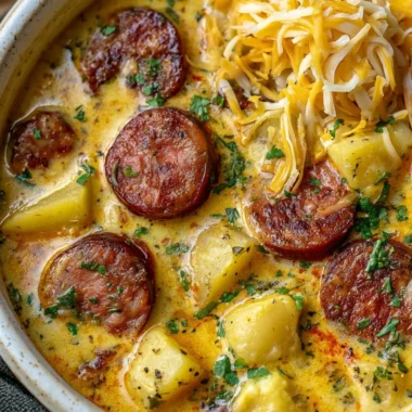 A bowl of hearty Kielbasa Potato Soup with vegetables and fresh herbs