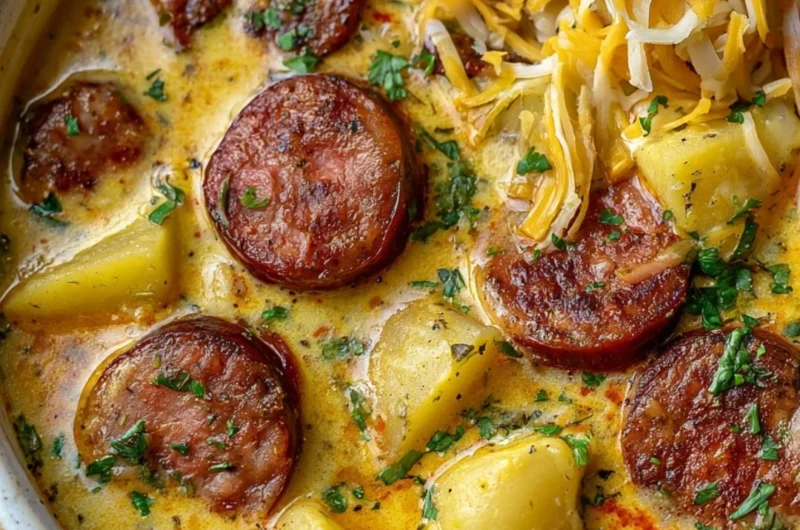 A bowl of hearty Kielbasa Potato Soup with vegetables and fresh herbs