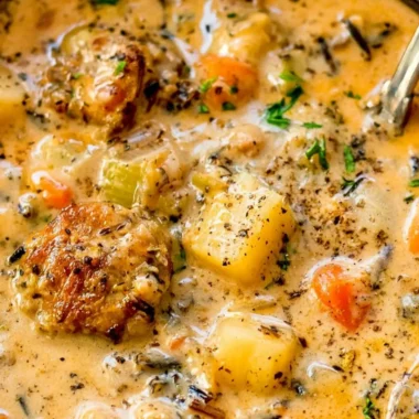 Delicious Potato and Sausage Chowder in a bowl garnished with parsley