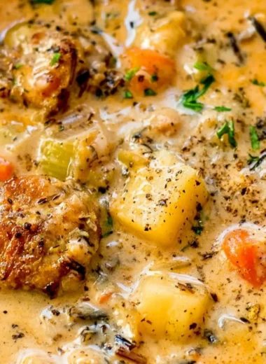 Delicious Potato and Sausage Chowder in a bowl garnished with parsley