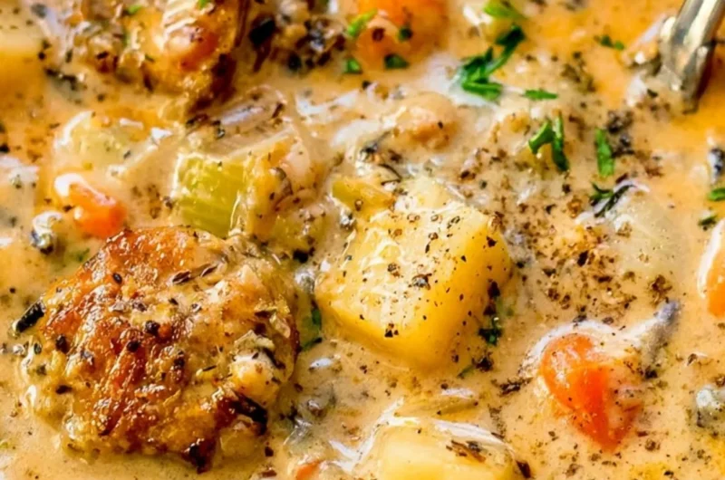 Delicious Potato and Sausage Chowder in a bowl garnished with parsley