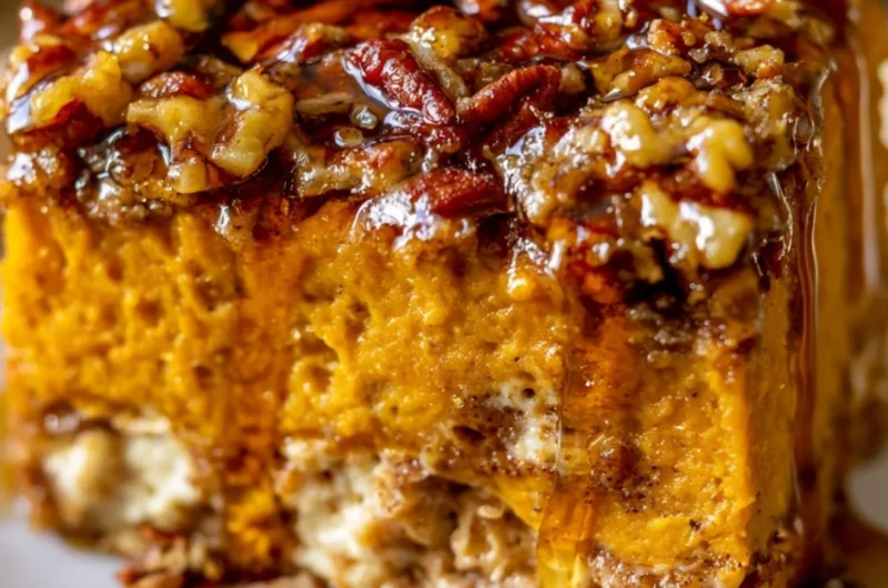Pumpkin Cottage Cheese Breakfast Bake topped with nuts and spices