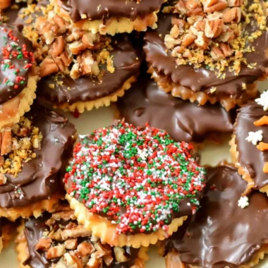 Festive Ritz Cracker Toffee Cookies topped with caramel and chocolate for Christmas