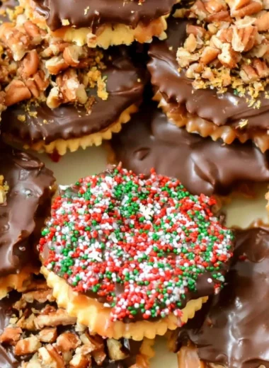 Festive Ritz Cracker Toffee Cookies topped with caramel and chocolate for Christmas