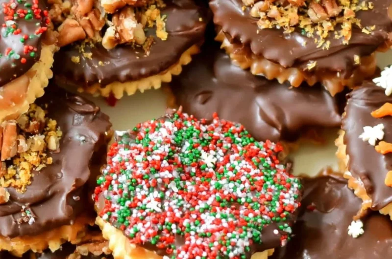 Festive Ritz Cracker Toffee Cookies topped with caramel and chocolate for Christmas
