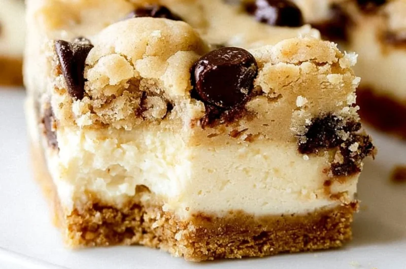 Decadent chocolate chip cheesecake bars with a rich crust and creamy filling